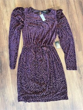 Express Purple Velvet Leopard-Print Long Sleeve Dress with Elastic Waist
